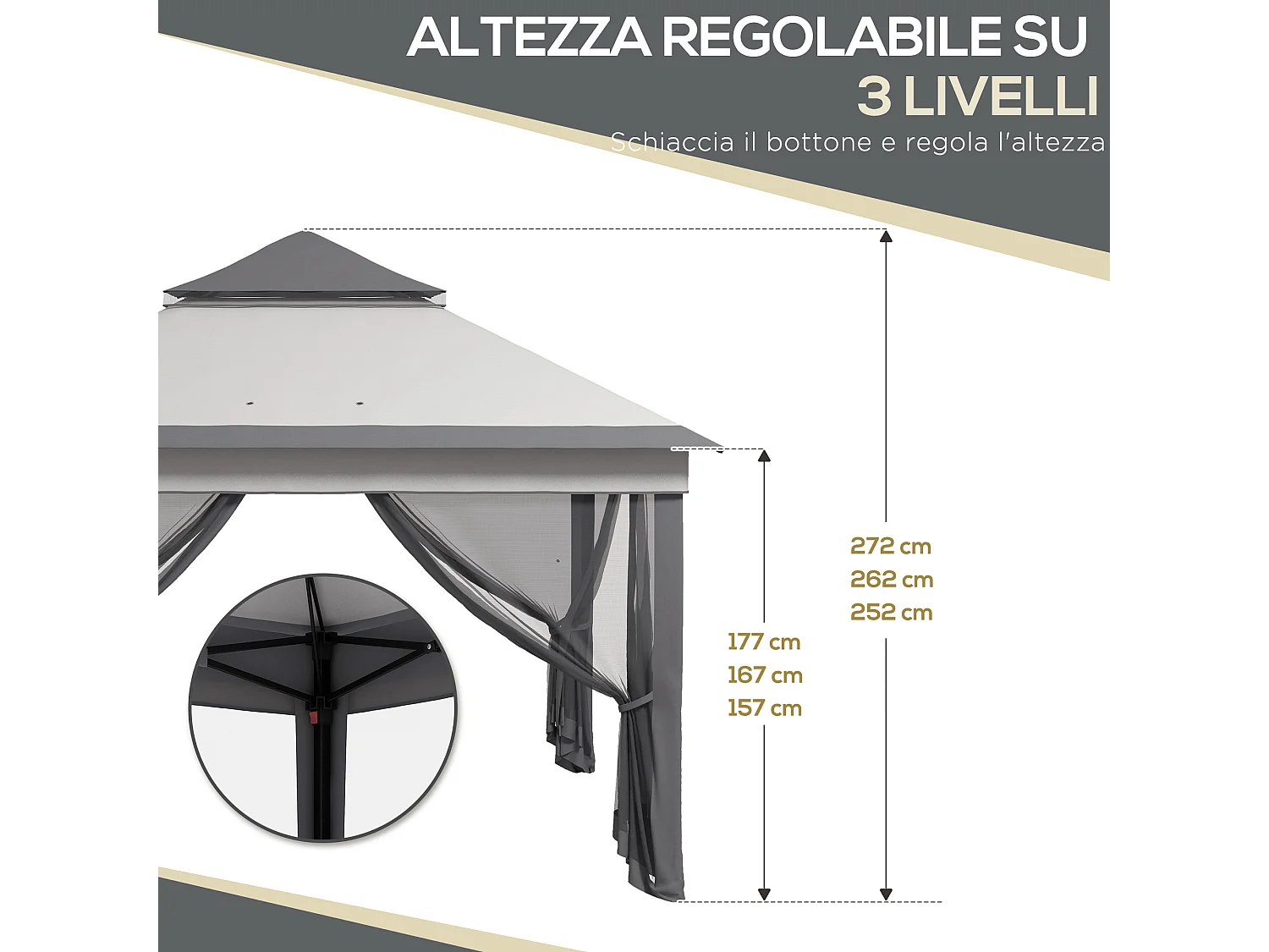 Gazebo con zanzariere regolabile su 3 livelli grigio chiaro e scuro