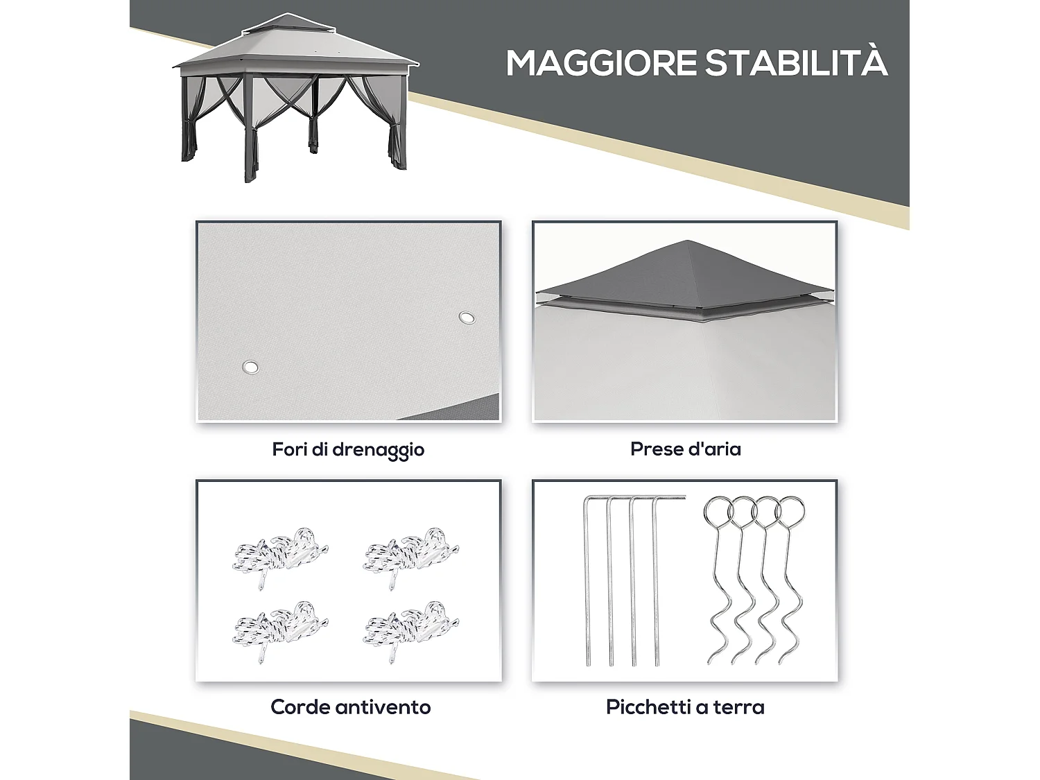 Gazebo con zanzariere regolabile su 3 livelli grigio chiaro e scuro