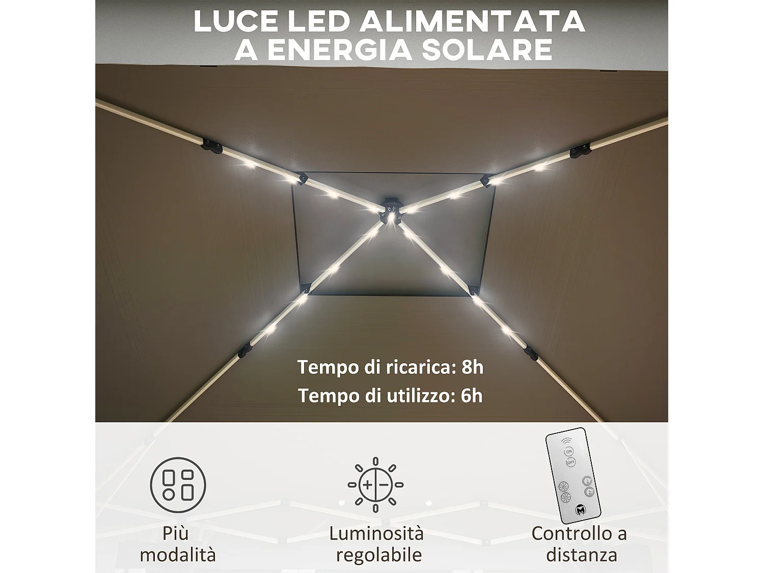 Gazebo da giardino ad altezza regolabile con luci led grigio