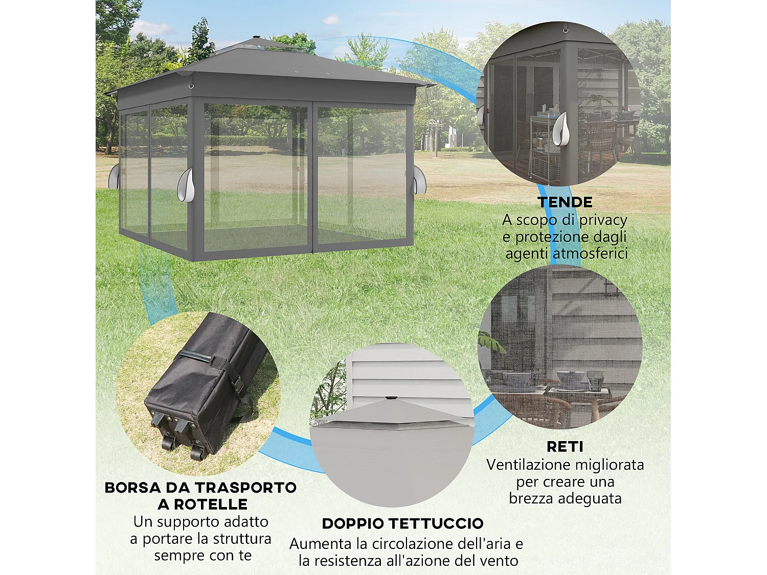 Gazebo da giardino ad altezza regolabile con luci led grigio