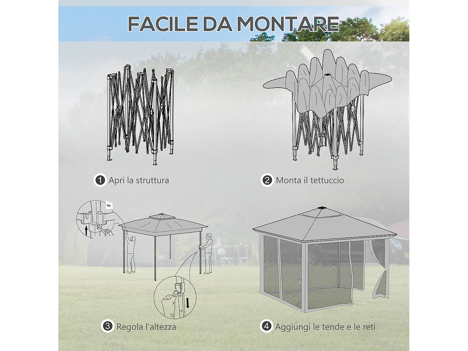 Gazebo da giardino ad altezza regolabile con luci led grigio