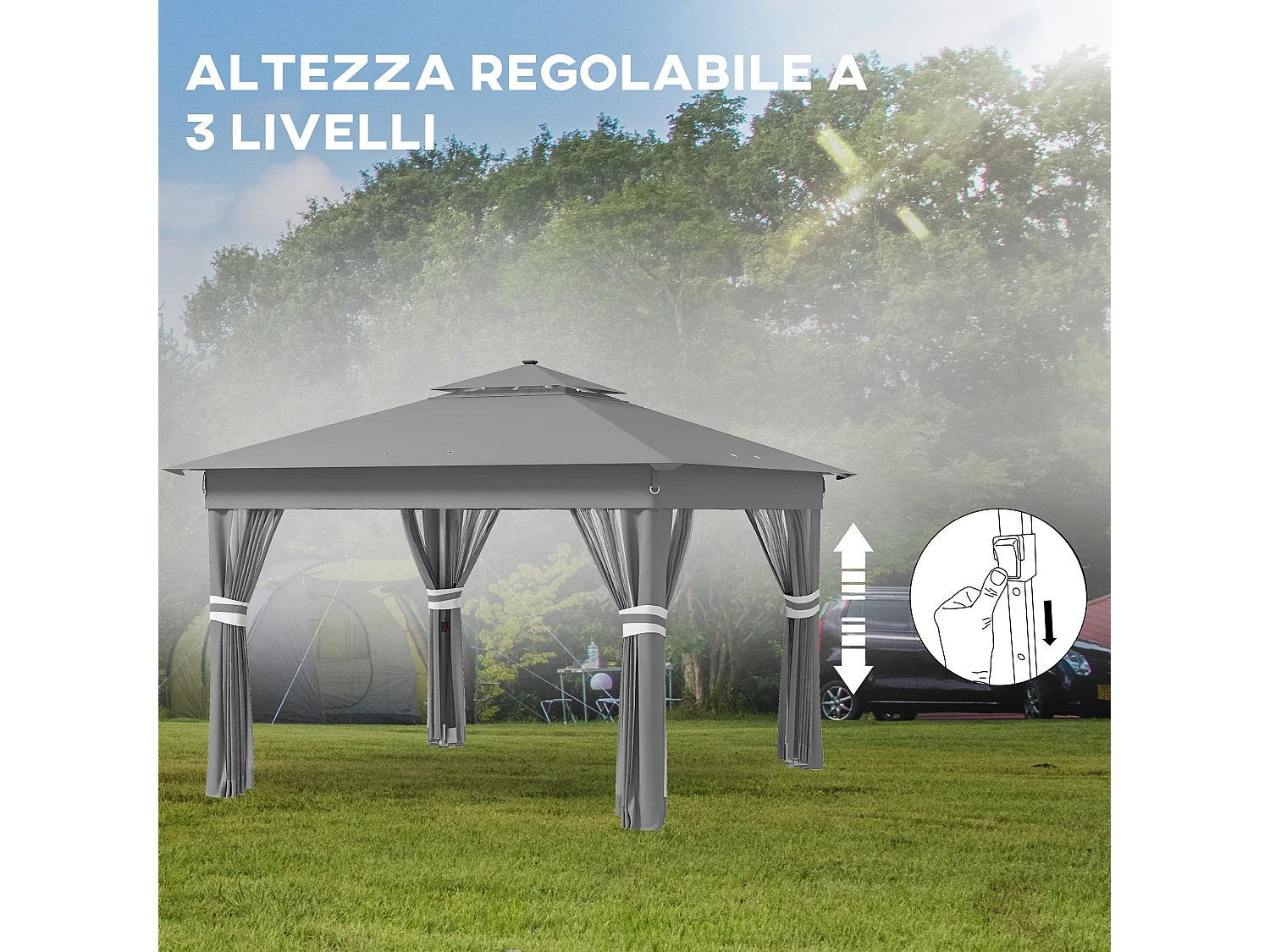 Gazebo da giardino ad altezza regolabile con luci led grigio