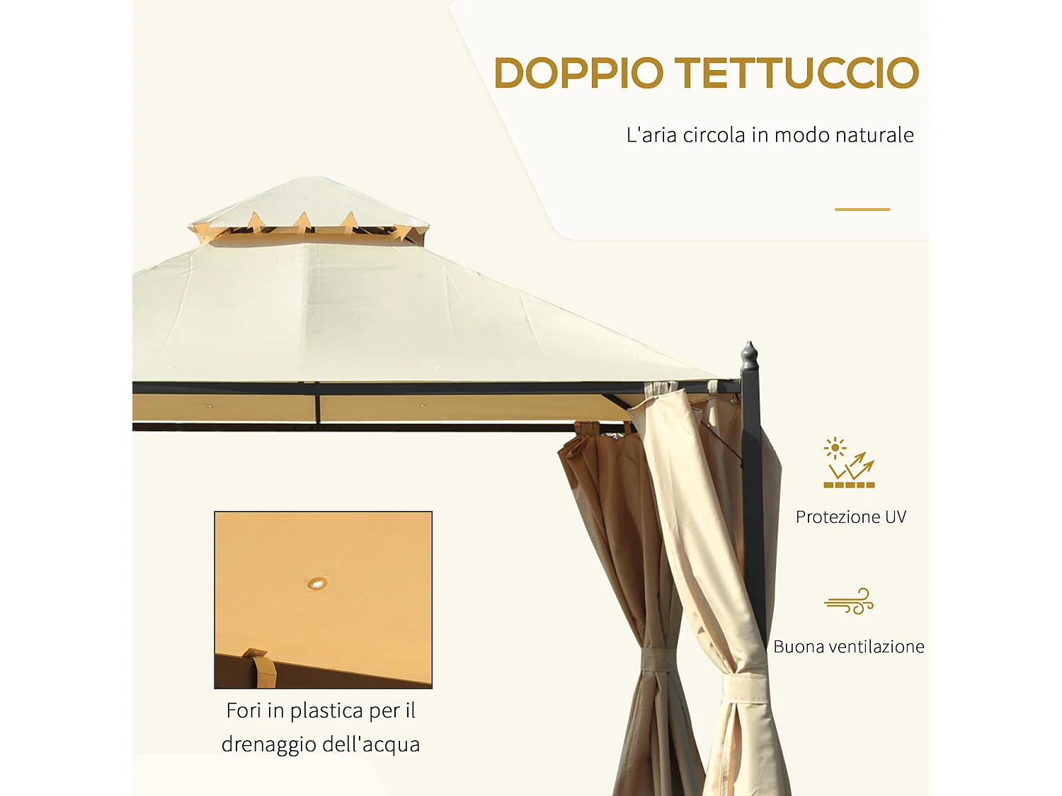 Gazebo da giardino 3x3m con 4 tende laterali beige