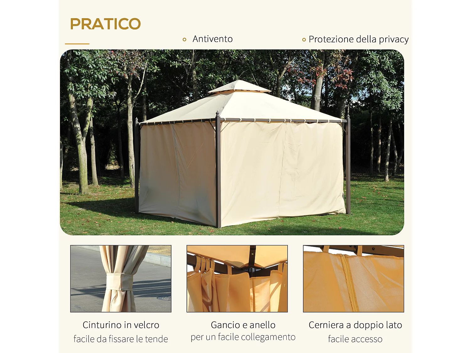 Gazebo da giardino 3x3m con 4 tende laterali beige