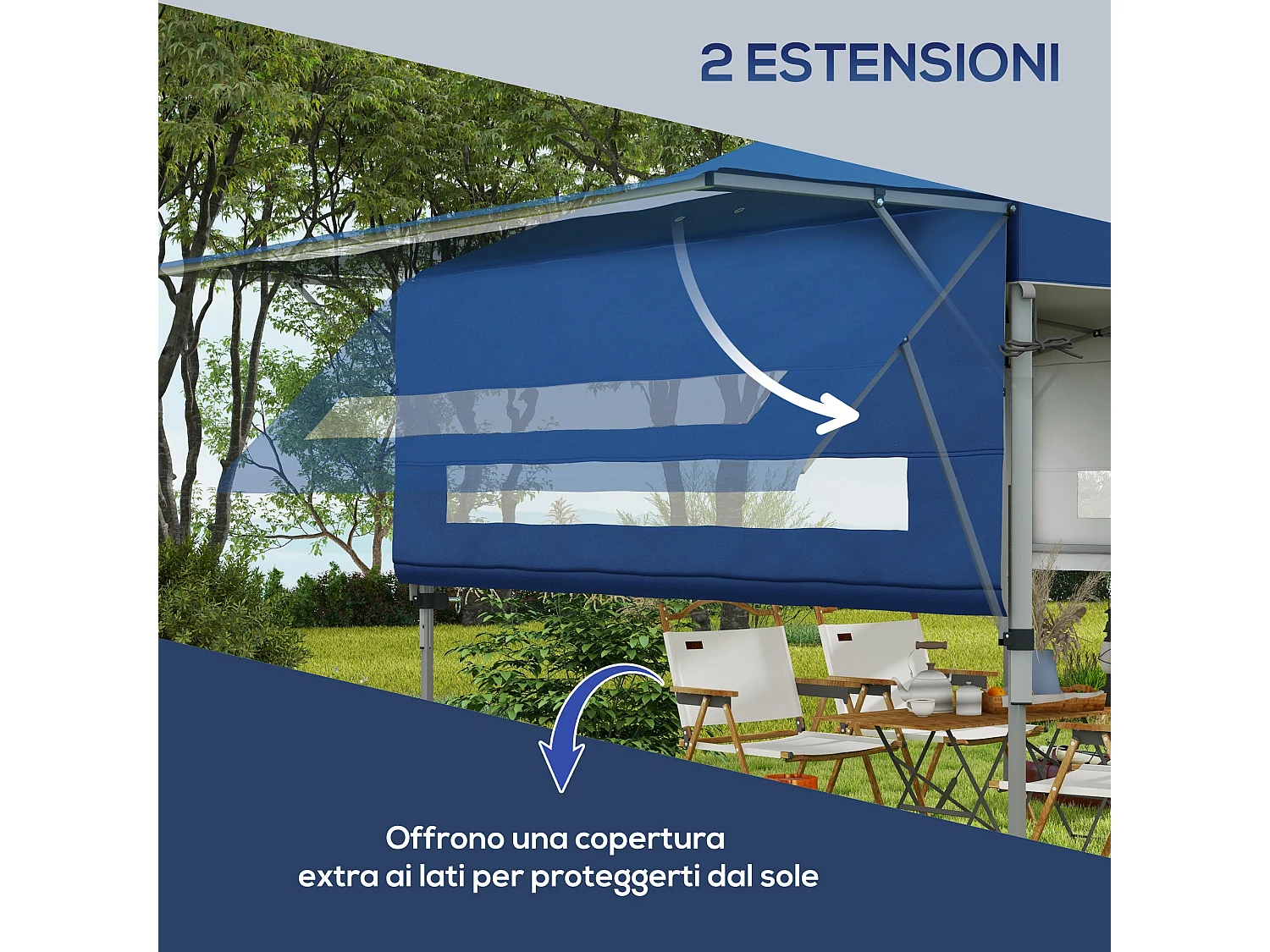 Gazebo pieghevole con pareti estensibili e altezza regolabile blu