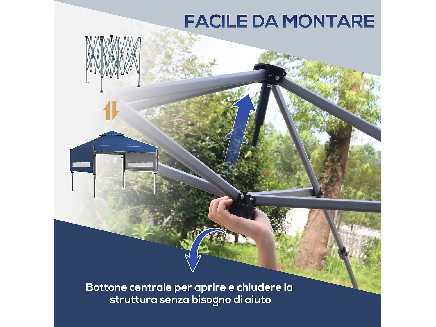 Gazebo pieghevole con pareti estensibili e altezza regolabile blu