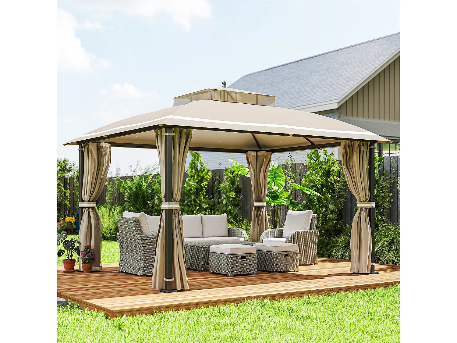 Gazebo da giardino con zanzariera e tende laterali 3.7x3 m beige