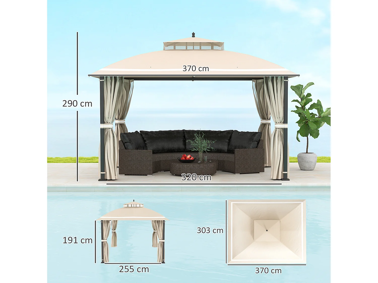 Gazebo da giardino con zanzariera e tende laterali 3.7x3 m beige