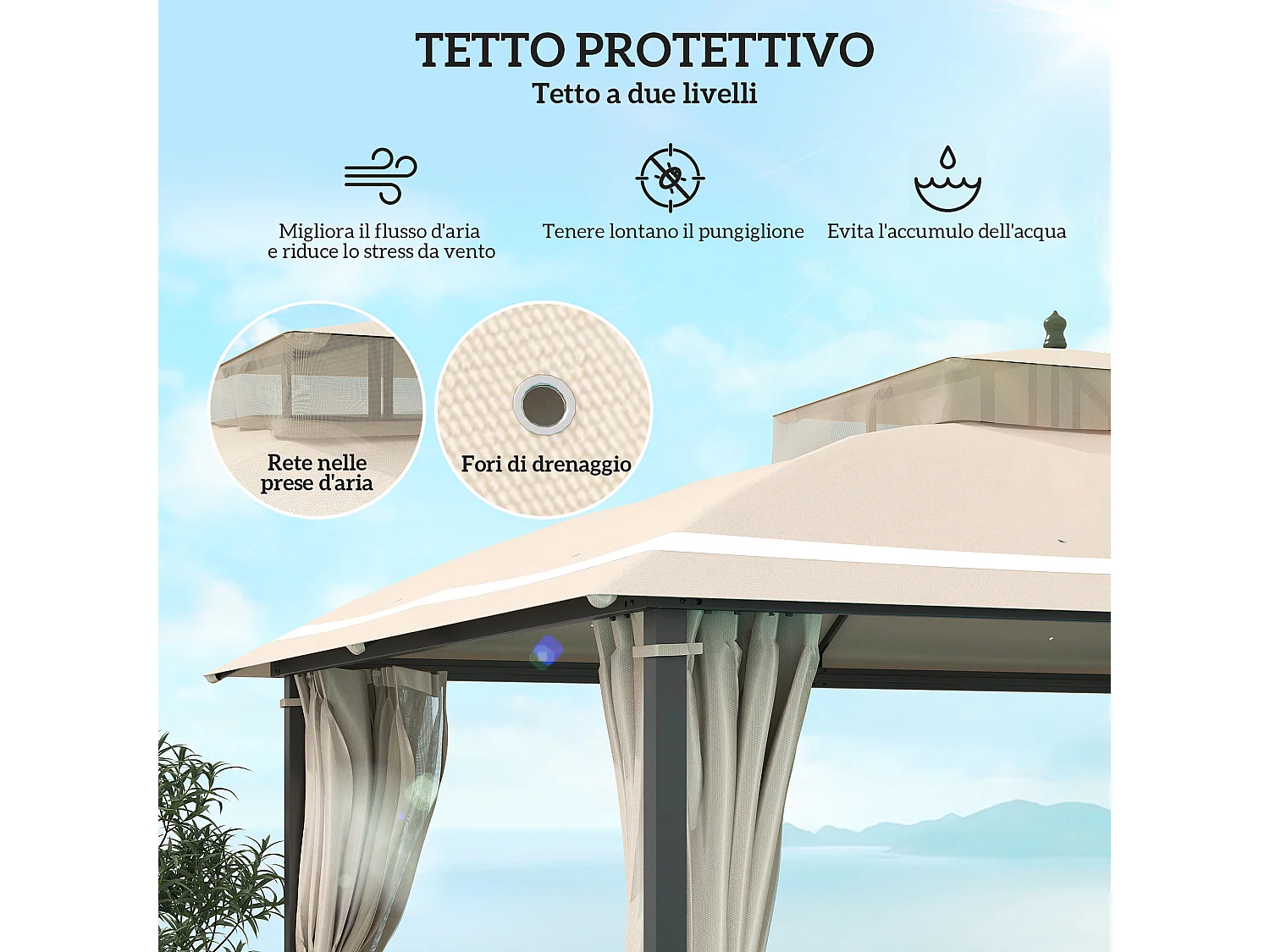 Gazebo da giardino con zanzariera e tende laterali 3.7x3 m beige