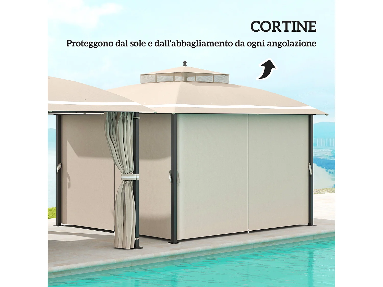 Gazebo da giardino con zanzariera e tende laterali 3.7x3 m beige
