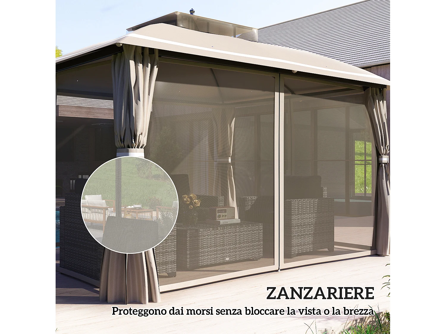 Gazebo da giardino con zanzariera e tende laterali 3.7x3 m beige