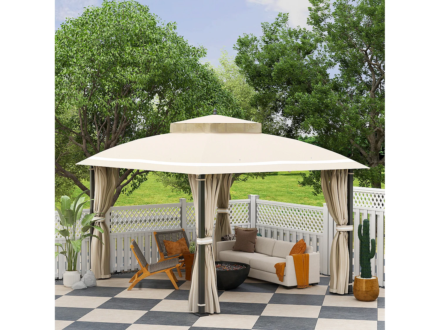 Gazebo da giardino con zanzariera e tende laterali 3.7x3 m beige