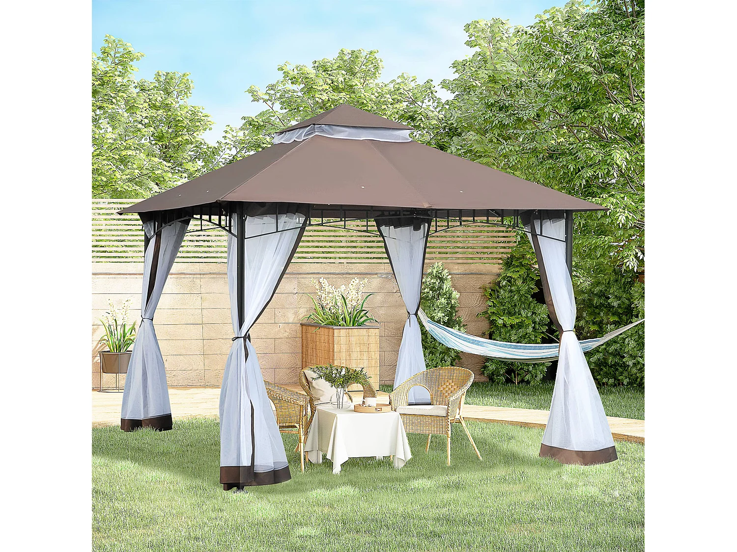 Gazebo da giardino 3x3m con zanzariera e tetto a 2 livelli