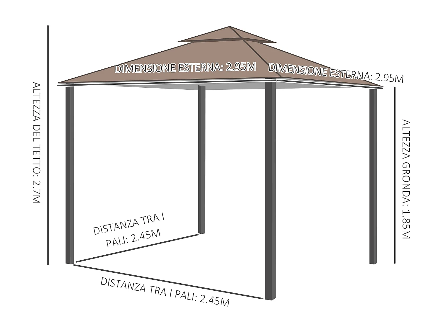 Gazebo da giardino 3x3m con zanzariera e tetto a 2 livelli