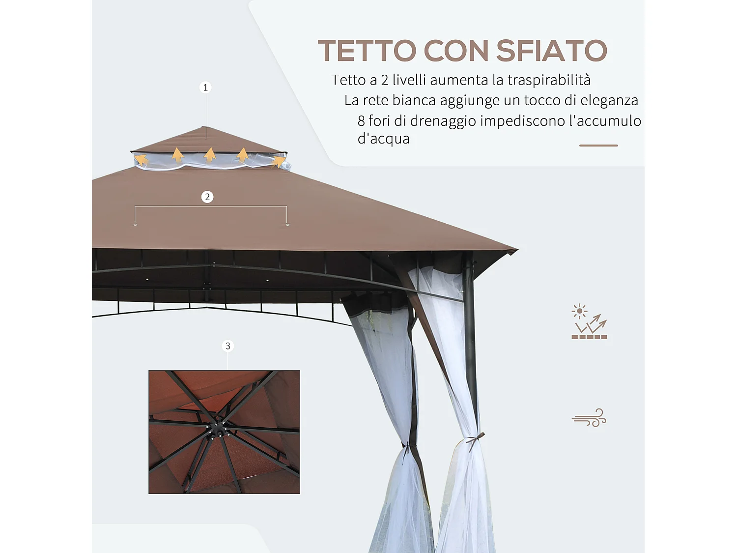 Gazebo da giardino 3x3m con zanzariera e tetto a 2 livelli