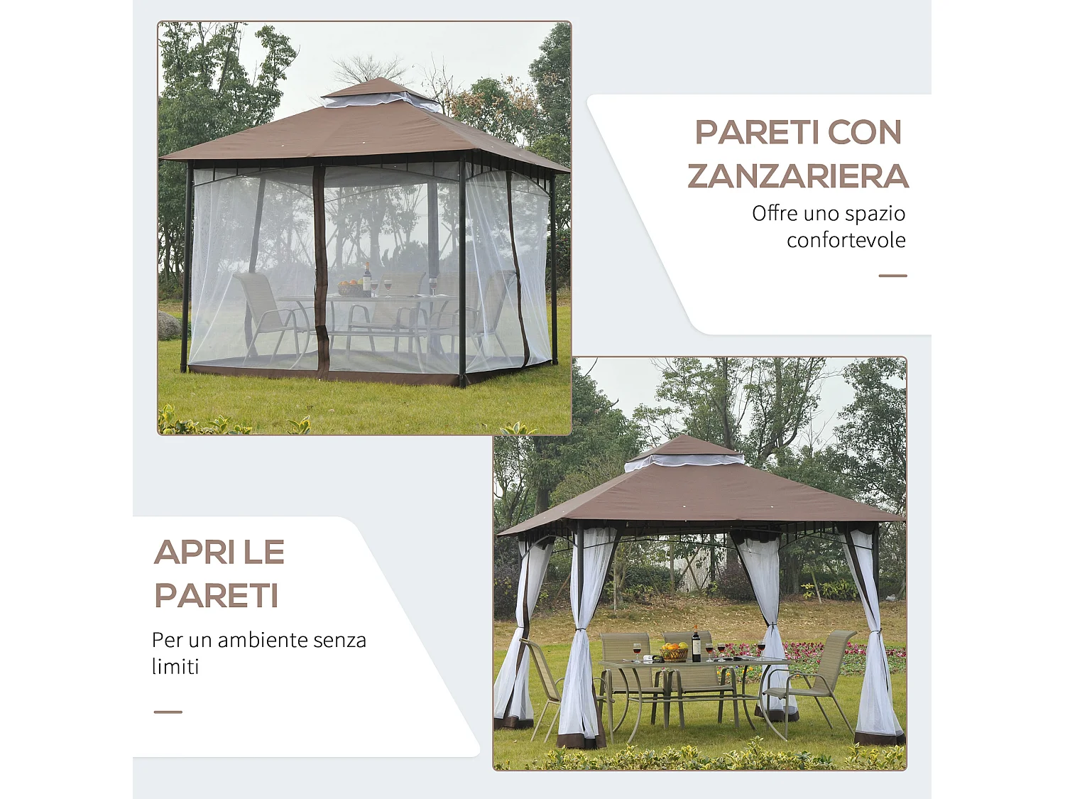 Gazebo da giardino 3x3m con zanzariera e tetto a 2 livelli
