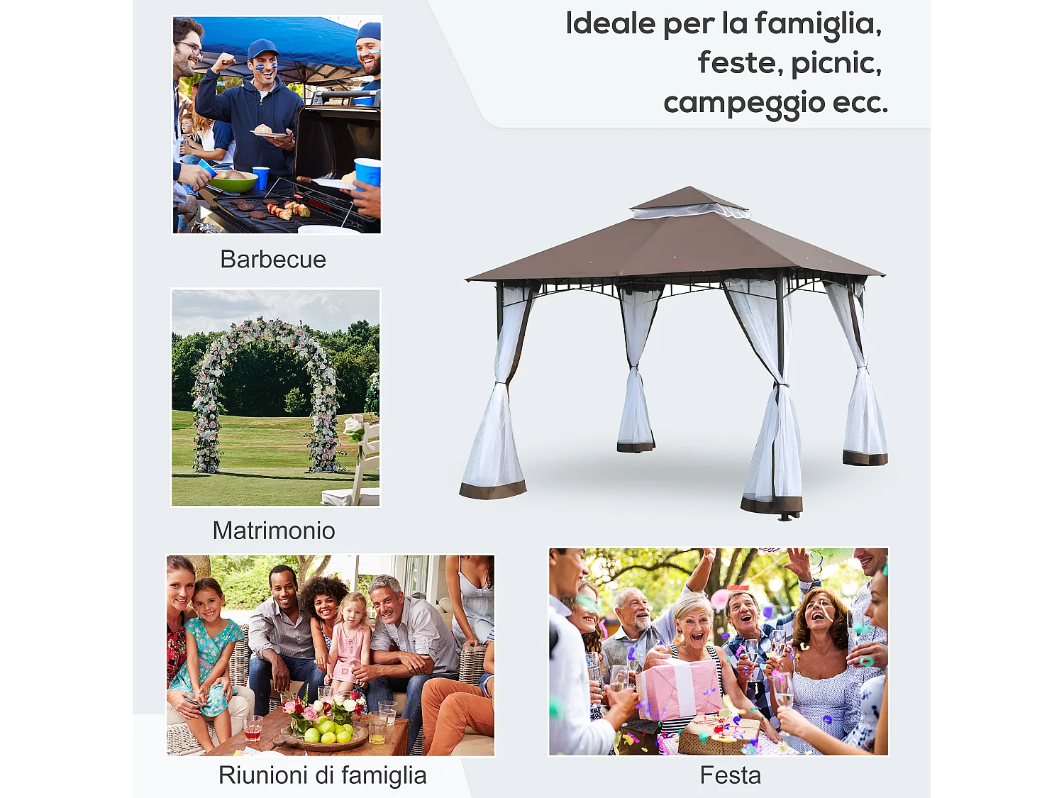 Gazebo da giardino 3x3m con zanzariera e tetto a 2 livelli