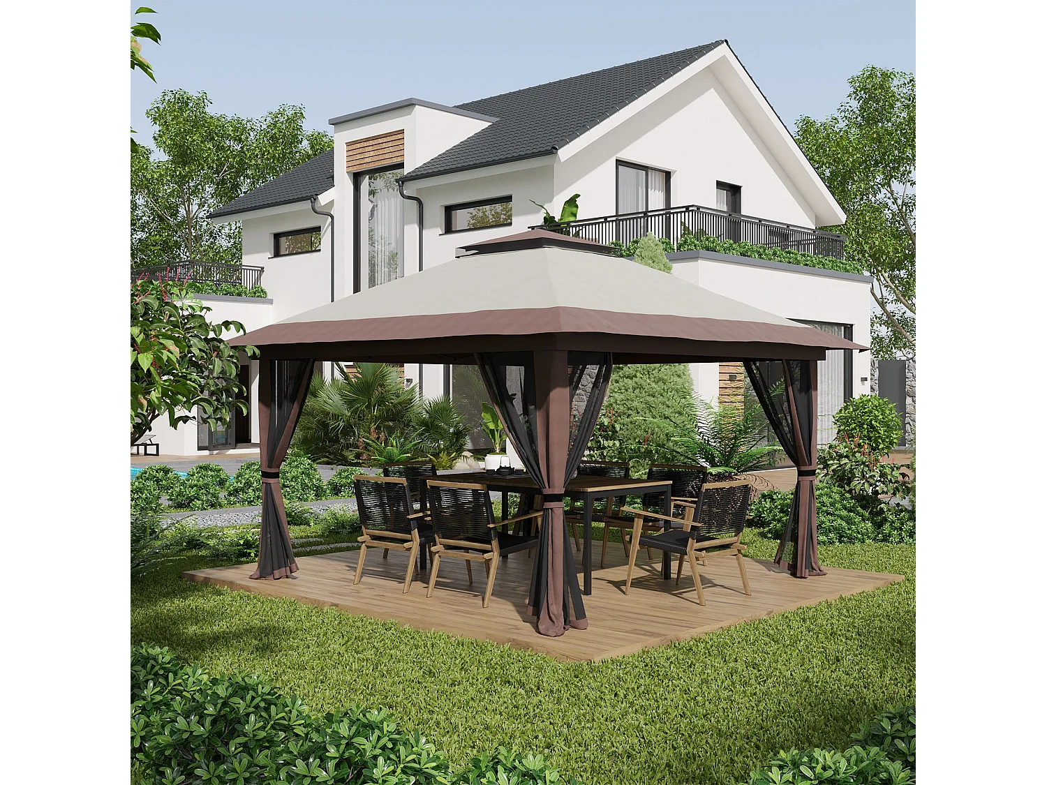 Gazebo pieghevole 4x4 con fori di drenaggio e zanzariere beige