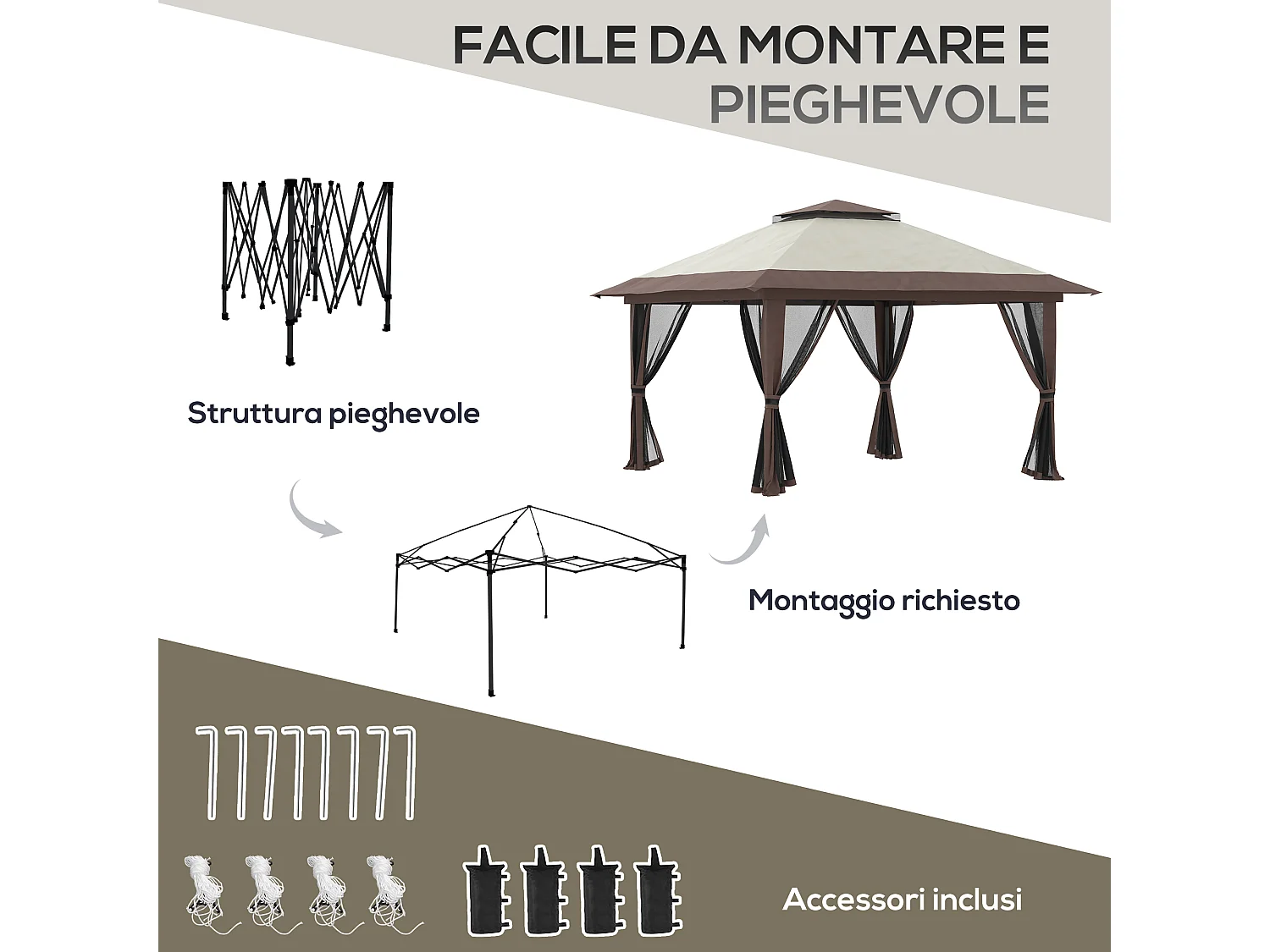Gazebo pieghevole 4x4 con fori di drenaggio e zanzariere beige