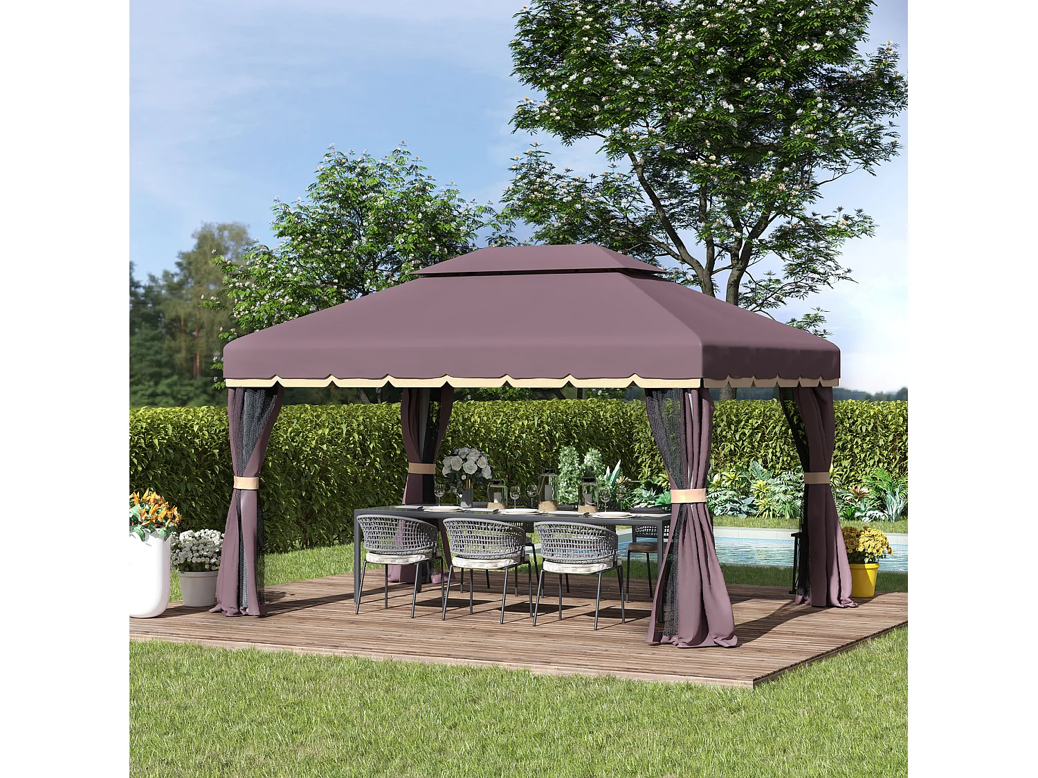 Gazebo da giardino 3x4m con doppio tetto e tenda zanzariera