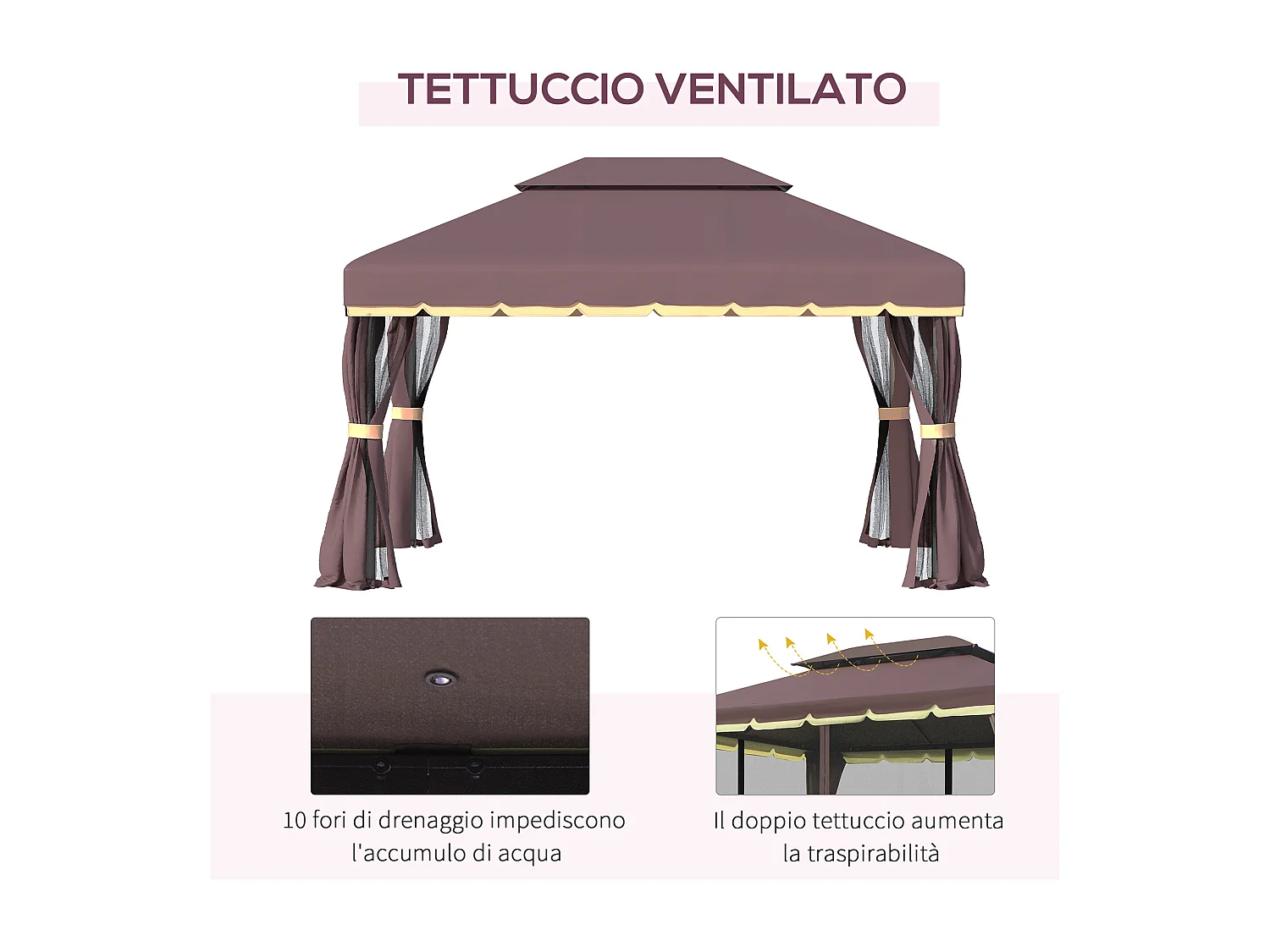 Gazebo da giardino 3x4m con doppio tetto e tenda zanzariera
