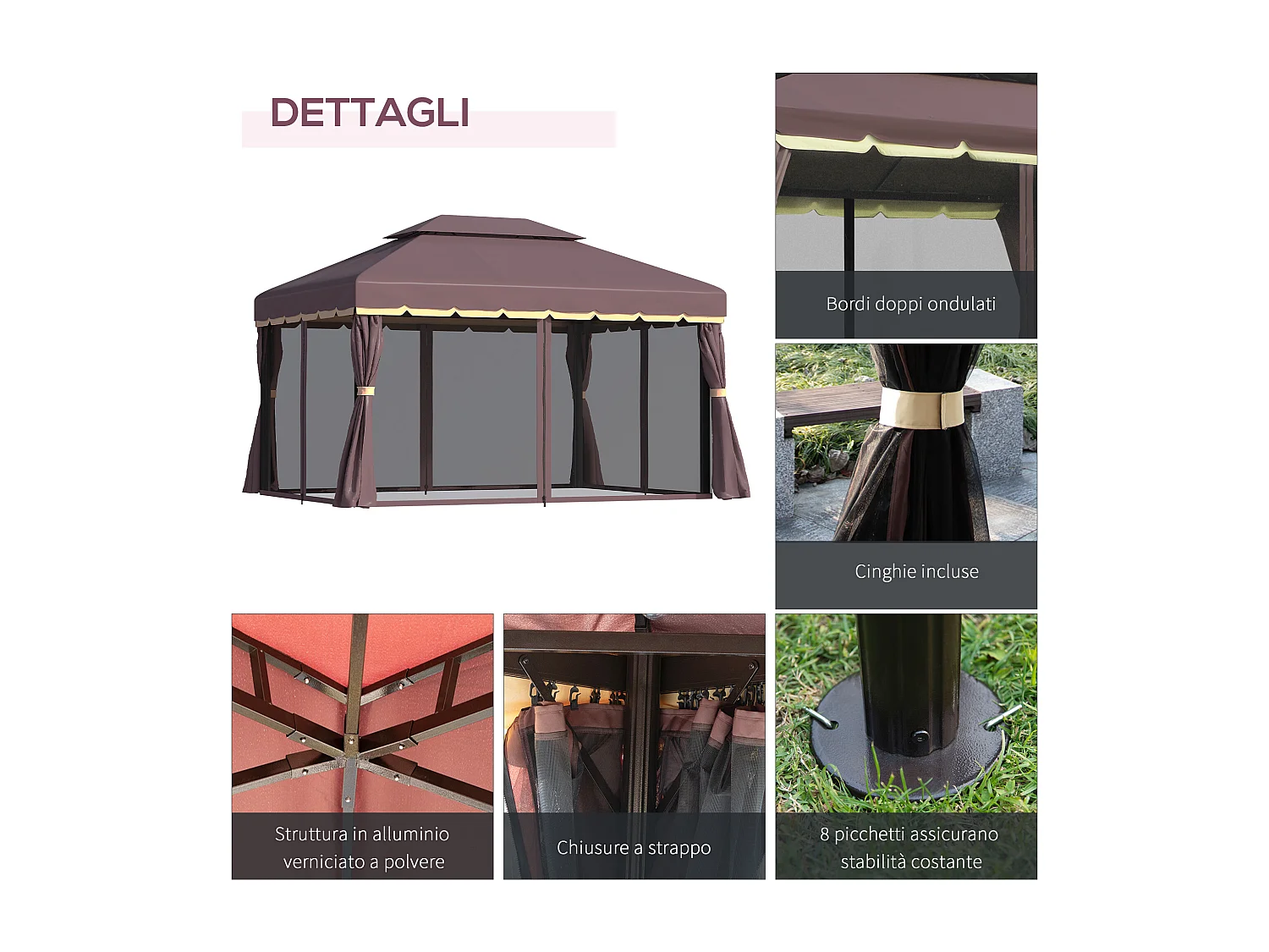 Gazebo da giardino 3x4m con doppio tetto e tenda zanzariera