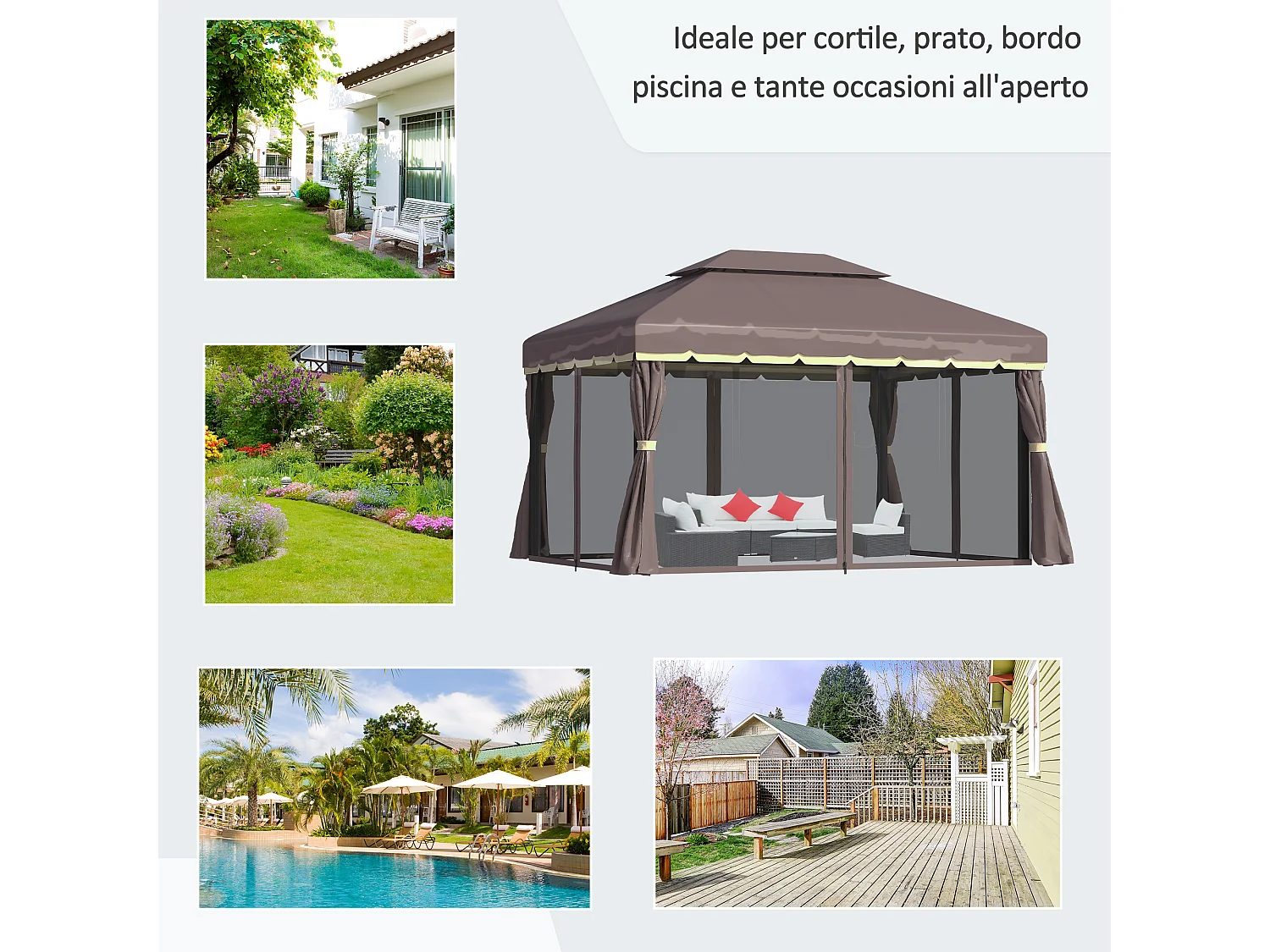 Gazebo da giardino 3x4m con doppio tetto e tenda zanzariera