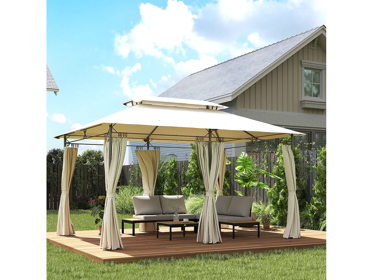 Gazebo da giardino 3x4 m con tende rimovibili e doppio tetto crema