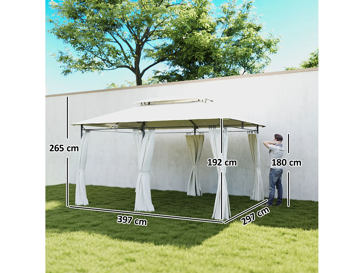 Gazebo da giardino 3x4 m con tende rimovibili e doppio tetto crema