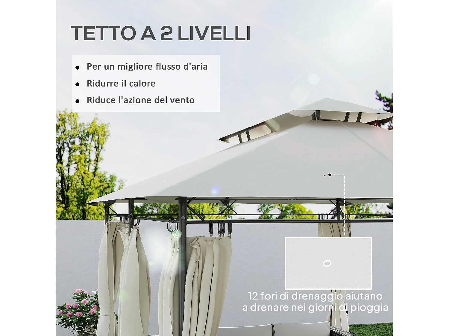 Gazebo da giardino 3x4 m con tende rimovibili e doppio tetto crema