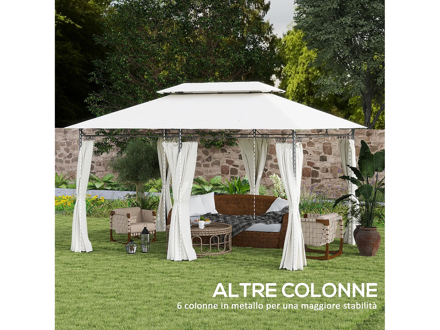 Gazebo da giardino 3x4 m con tende rimovibili e doppio tetto crema