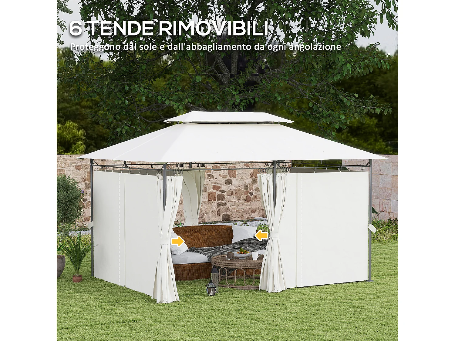 Gazebo da giardino 3x4 m con tende rimovibili e doppio tetto crema