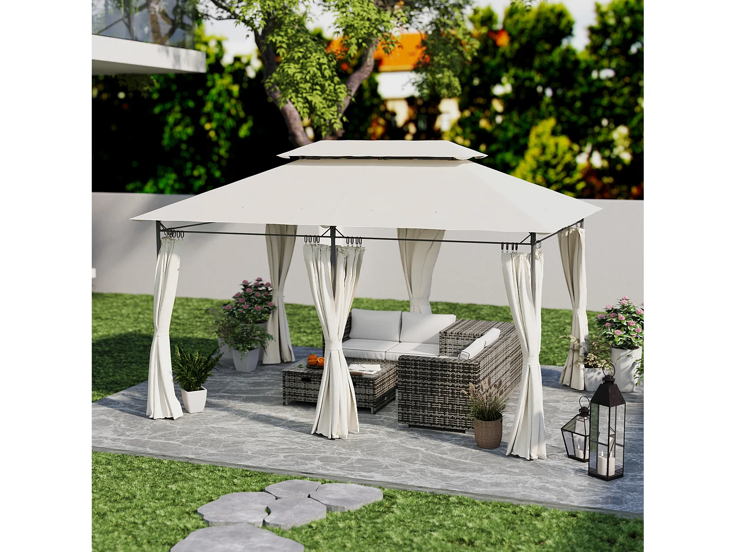 Gazebo da giardino 3x4 m con tende rimovibili e doppio tetto crema