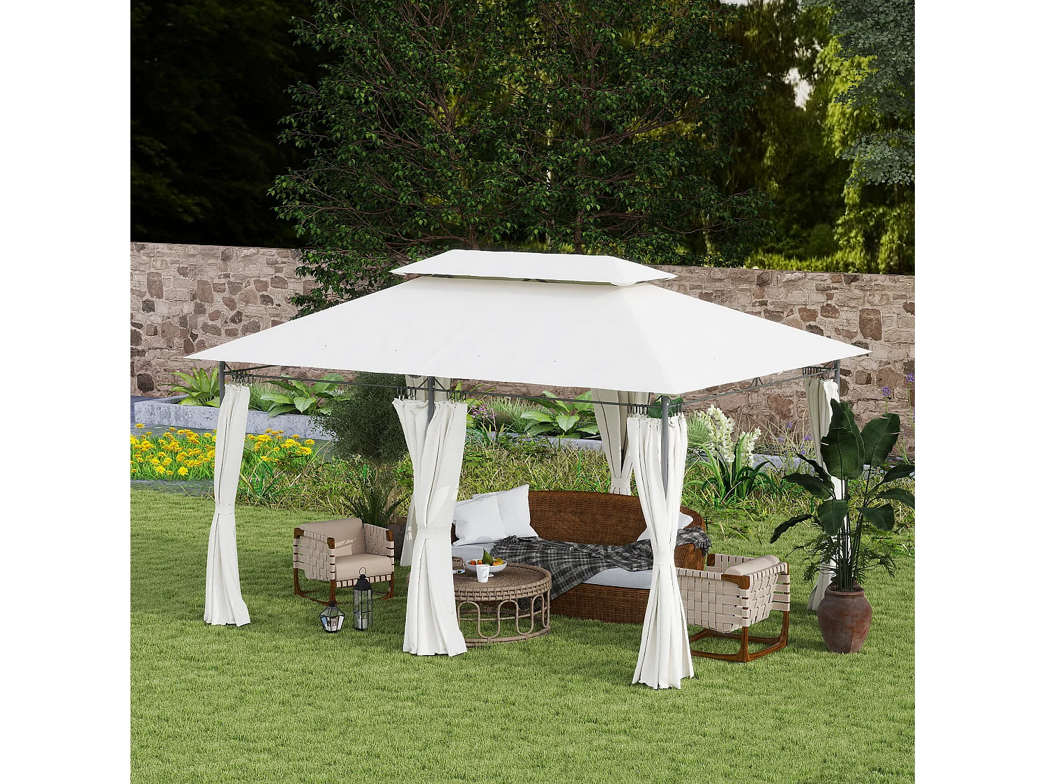 Gazebo da giardino 3x4 m con tende rimovibili e doppio tetto crema