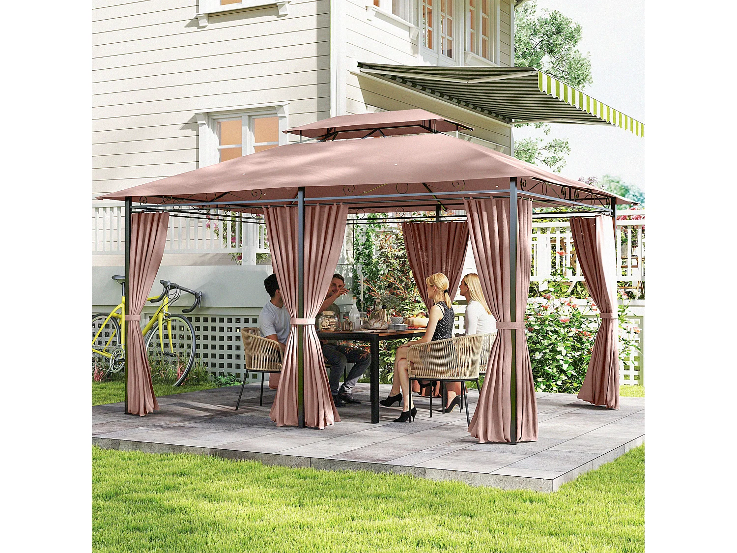 Gazebo 4x3m in acciaio con doppio tetto e tende impermeabili