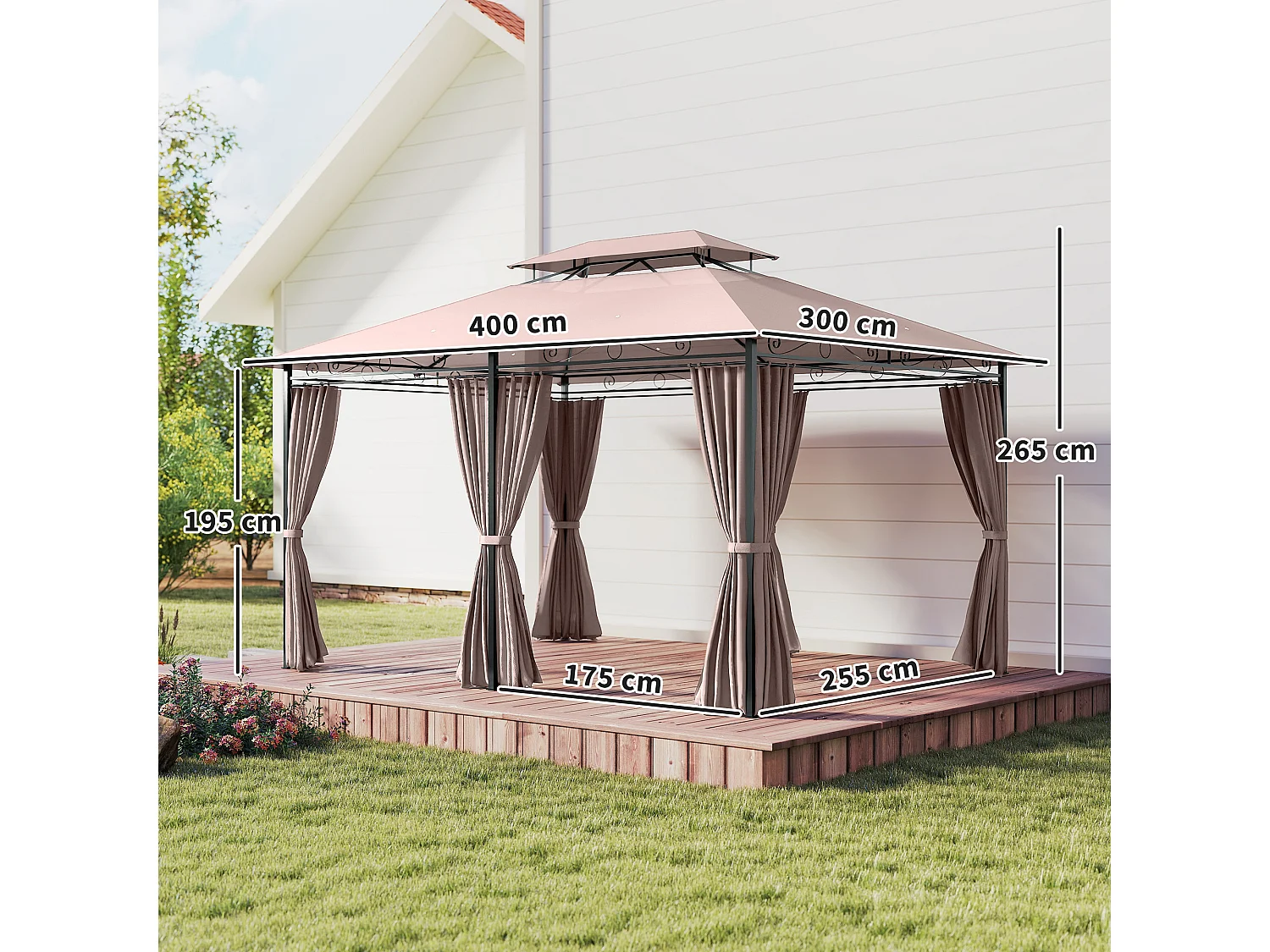 Gazebo 4x3m in acciaio con doppio tetto e tende impermeabili