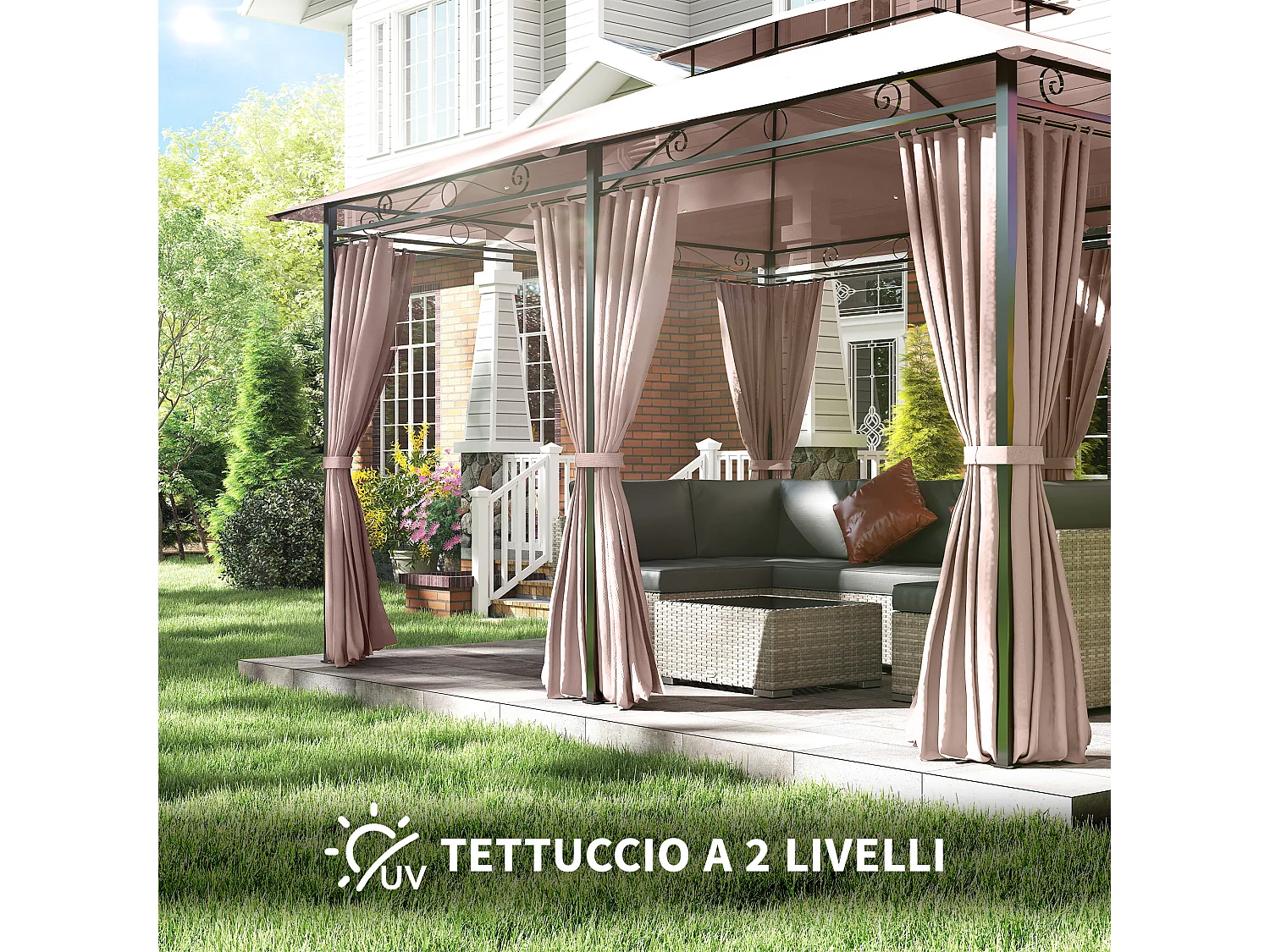 Gazebo 4x3m in acciaio con doppio tetto e tende impermeabili