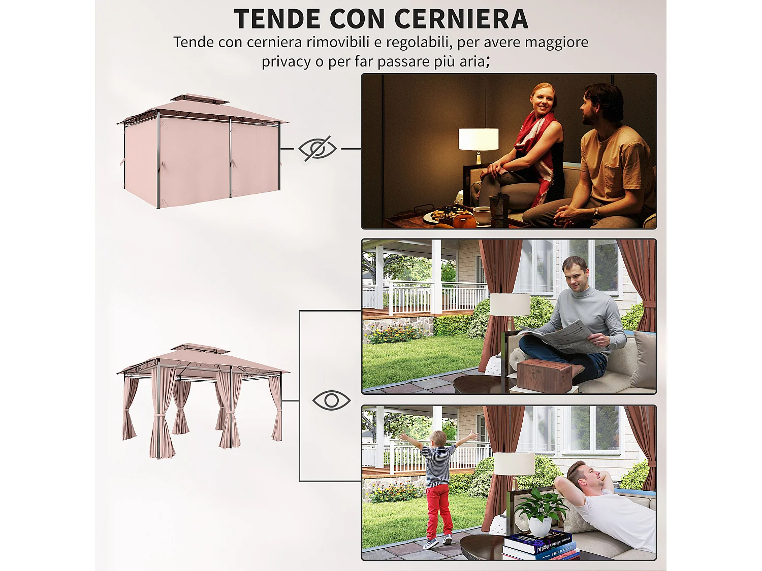 Gazebo 4x3m in acciaio con doppio tetto e tende impermeabili