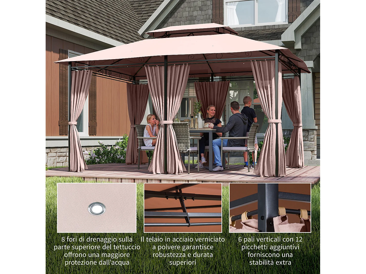 Gazebo 4x3m in acciaio con doppio tetto e tende impermeabili