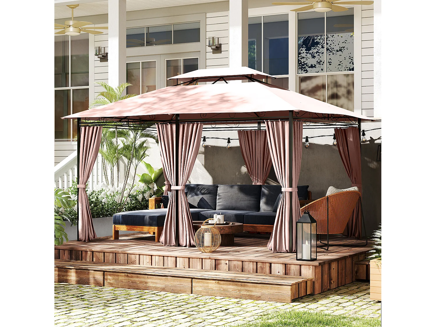 Gazebo 4x3m in acciaio con doppio tetto e tende impermeabili