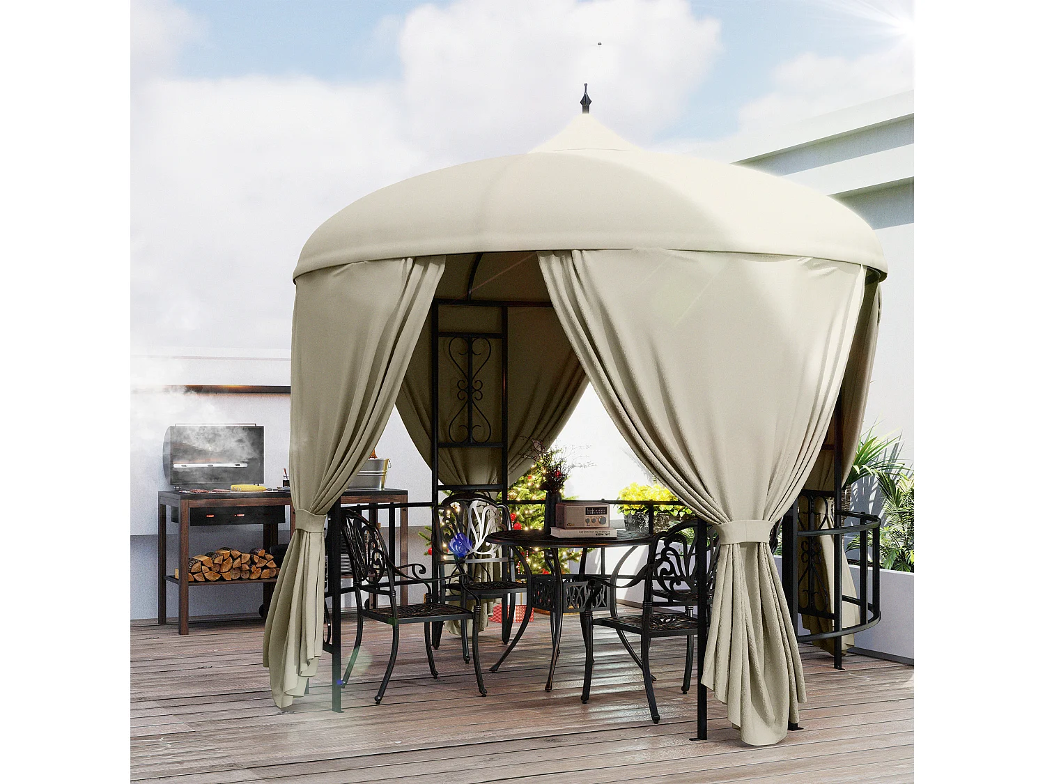 Gazebo da giardino rotondo Ø3m con tende parasole beige