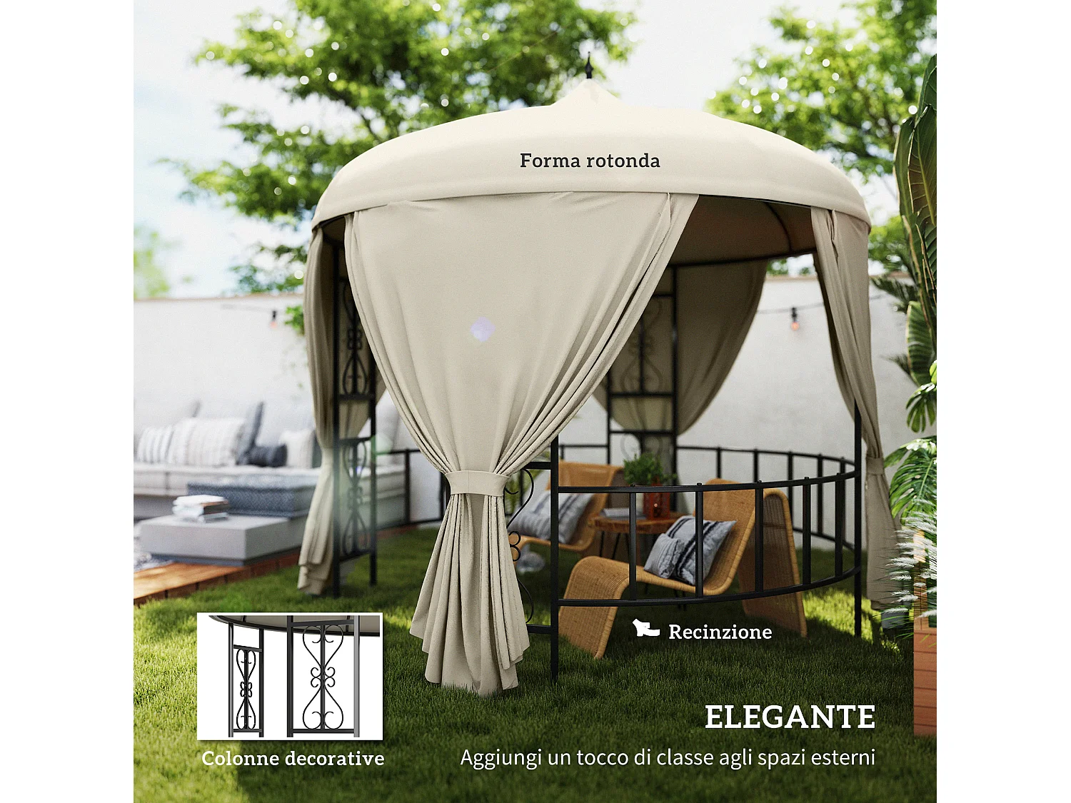Gazebo da giardino rotondo Ø3m con tende parasole beige