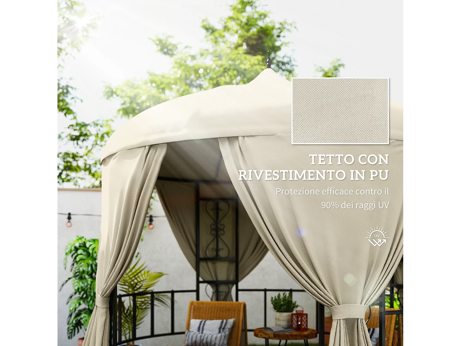 Gazebo da giardino rotondo Ø3m con tende parasole beige