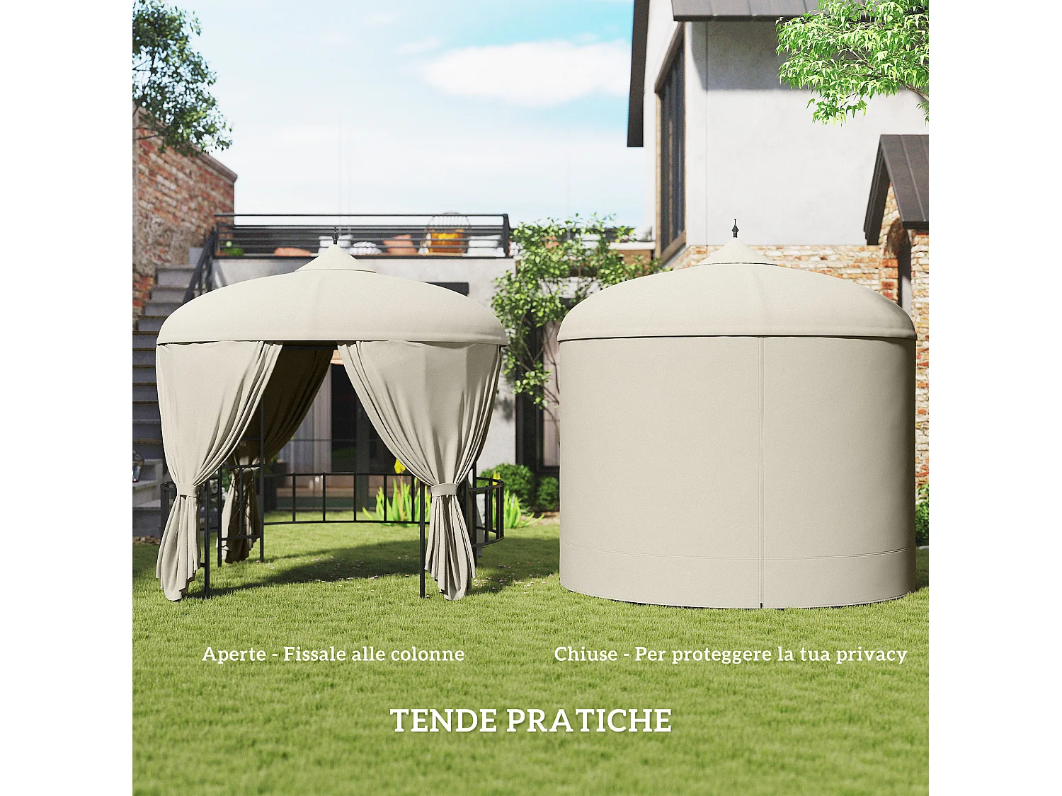 Gazebo da giardino rotondo Ø3m con tende parasole beige