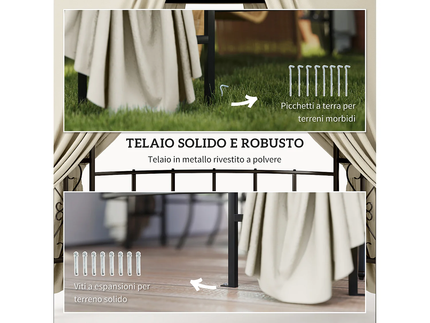 Gazebo da giardino rotondo Ø3m con tende parasole beige