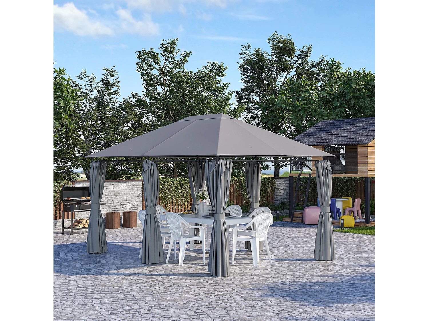 Gazebo 3x4 m con 6 pareti rimovibili e 12 picchetti grigio e nero