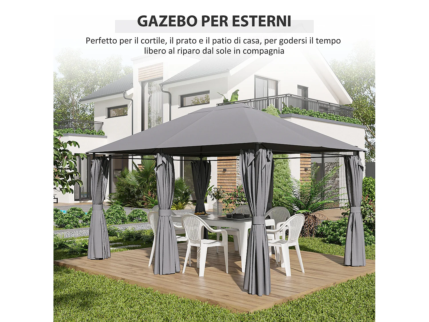 Gazebo 3x4 m con 6 pareti rimovibili e 12 picchetti grigio e nero