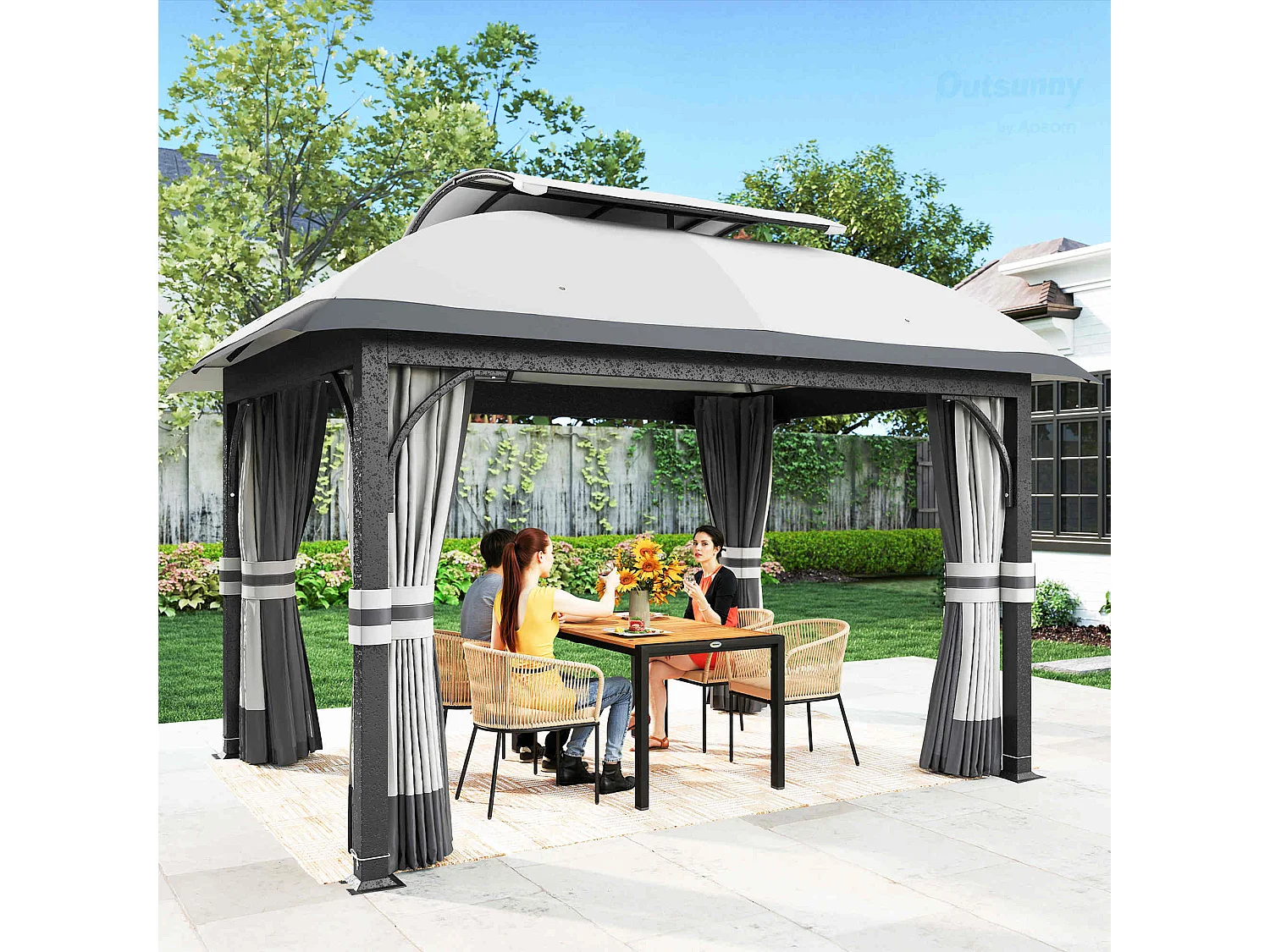 Gazebo da giardino 4x3 m con zanzariere e doppio tetto grigio chiaro
