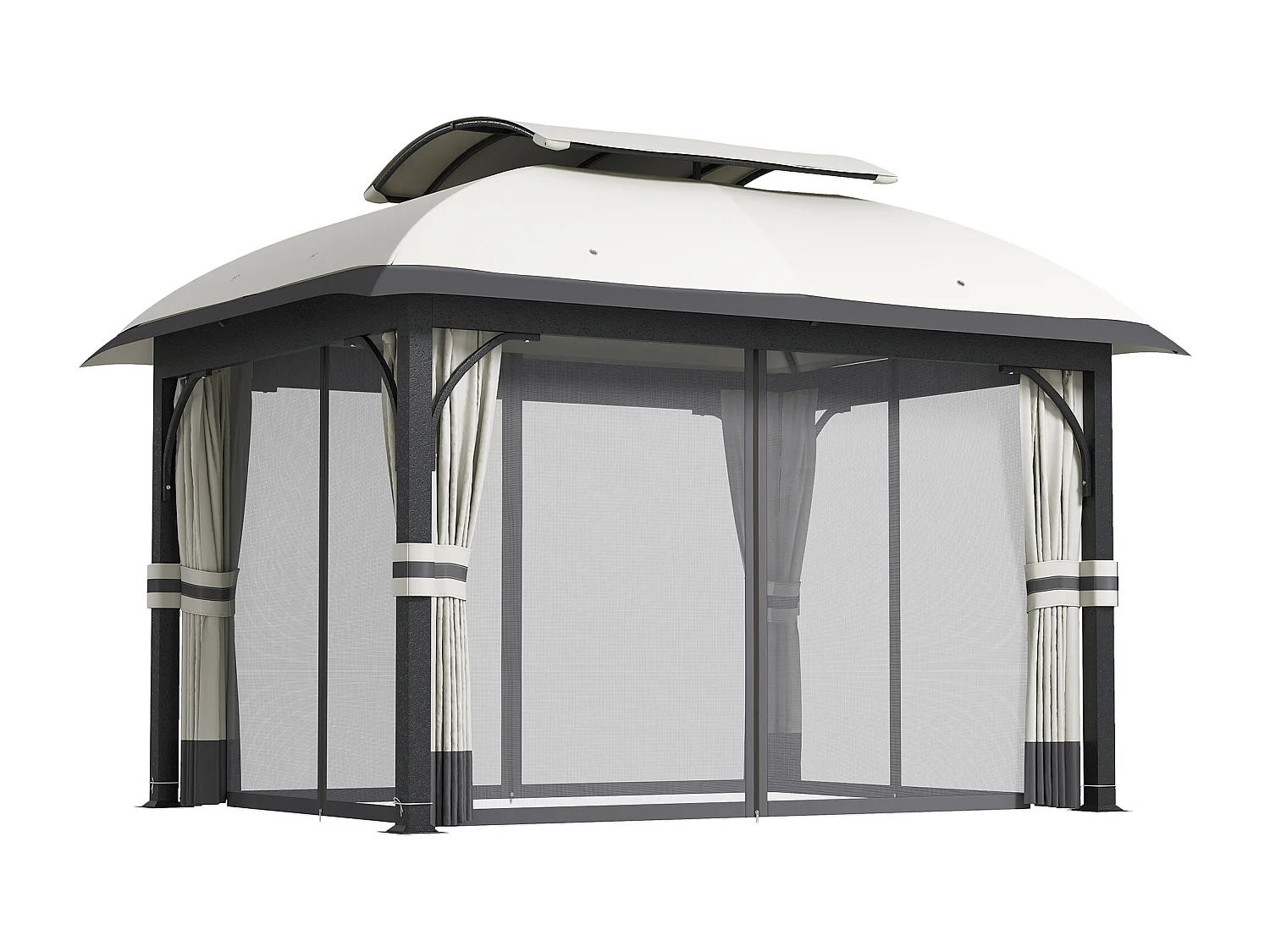 Gazebo da giardino 4x3 m con zanzariere e doppio tetto grigio chiaro