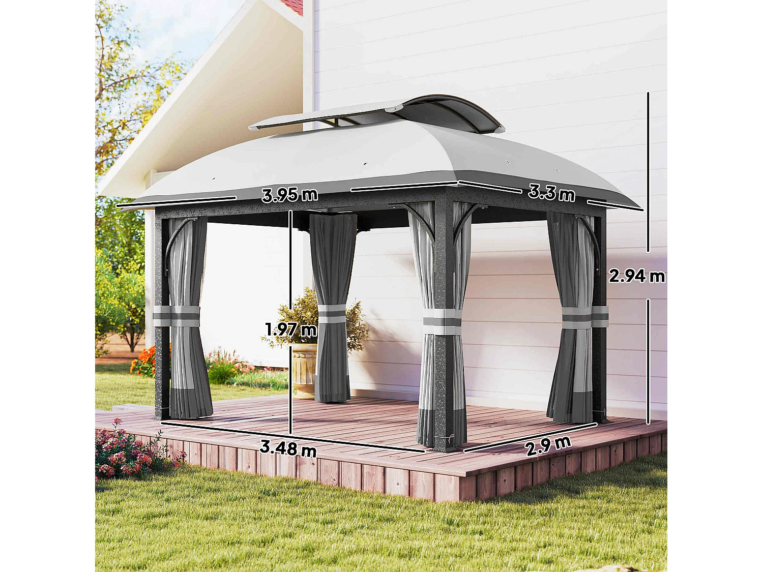 Gazebo da giardino 4x3 m con zanzariere e doppio tetto grigio chiaro